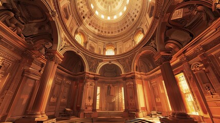 Obraz premium Background of a grand rotunda with a detailed dome frescoes and soft ambient light