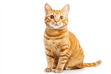 Obraz premium A cat with orange fur is sitting on a white background. The cat has a curious expression on its face , ai