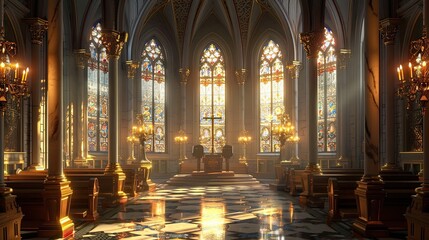 Wallpaper of a richly adorned chapel with stained glass windows and golden light reflections