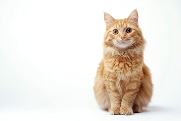 A cat with orange fur is sitting on a white background. The cat has a curious expression on its face , ai