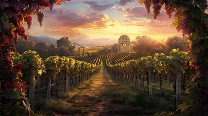 Obraz premium Lush vines in a vineyard with sunset light and ornate gazebo background