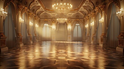 Obraz premium Grand ballroom with chandeliers and parquet floor lit by soft background light