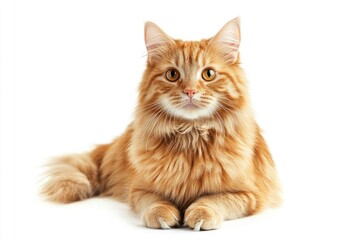 A cat with orange fur is sitting on a white background. The cat has a curious expression on its face , ai