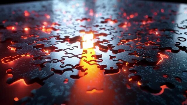 Glowing puzzle piece is fitting into a circuit board puzzle, symbolizing the completion of a complex technological project. The image evokes innovation and problem solving in the tech industry