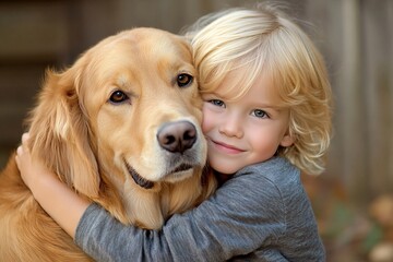 A young boy hugs a golden retriever in a sunny outdoor setting during the afternoon, highlighting their joyful bond