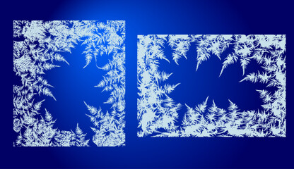 Winter frame with frosted patterns . White ice crystals design texture freeze winter window. Vector empty celebration border