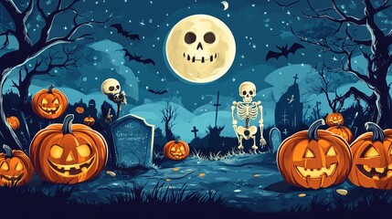 A spooky Halloween party invitation featuring pumpkins, a skeleton, and a graveyard under the night sky. It has a rustic wooden board background.