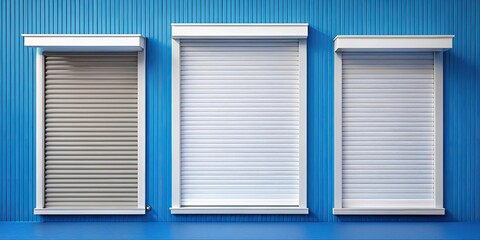 Fototapeta premium Asymmetrical window roller shutters of different sizes on blue background