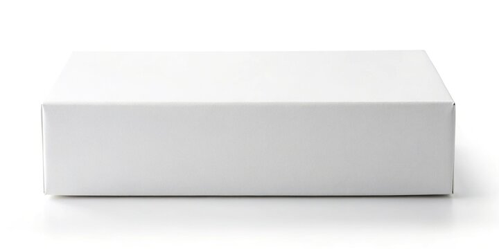 Asymmetrical White wide flat horizontal rectangle blank box from top front closeup angle