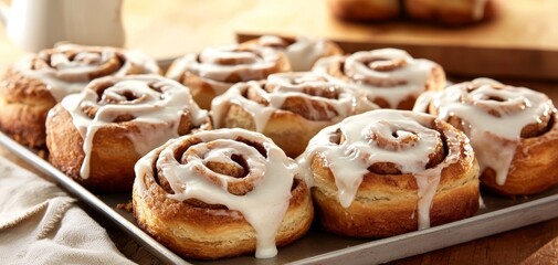 A platter of freshly baked cinnamon rolls with cream cheese icing, placed on a rustic kitchen counter
