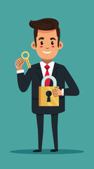 Businessman Holding Padlock and Key, Symbolizing Reliable Protection, Security, and Access to New Opportunities and Secret Business Knowledge for Smart Entrepreneurs