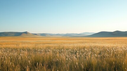 Obraz premium A clear sky over a vast open field, with tall grasses swaying gently in the wind and distant hills.