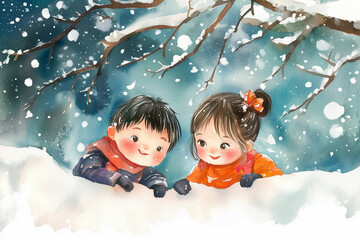 Boy and girl on a winter snowy day. Watercolor Christmas wreath with fir branches and space for text. Illustration for greeting cards and invitations.