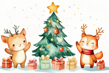 Fototapeta premium Animals on New Year's Day with gifts. Watercolor Christmas wreath with fir branches and space for text. Illustration for greeting cards and invitations.