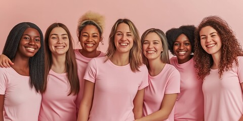 Diverse group of women wearing pink shirts are hugging each other and smiling on a pink background