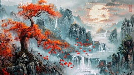 relief painting chinese landscape with an autumn scenery