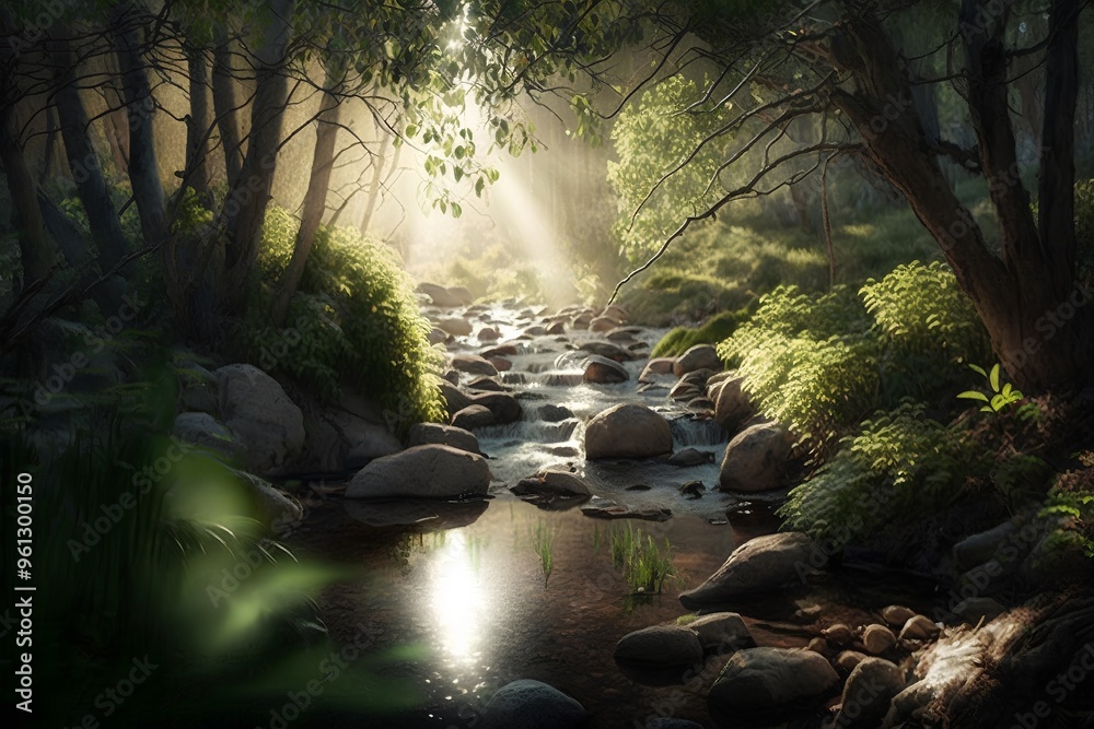 Wall mural river in the forest with sun rays and fog. beautiful nature background