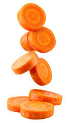 Falling Carrot slice isolated on white background, full depth of field