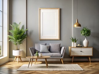 A contemporary setting features an empty white frame suspended on the wall, effortlessly awaiting the arrival of a