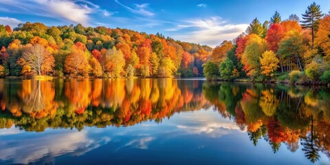 Obraz premium Autumn lake with changing trees from low angle view
