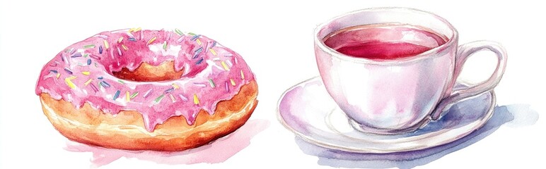 Indulge in Sweet Delights: A Beautiful Watercolor of a Donut and a Tea Cup