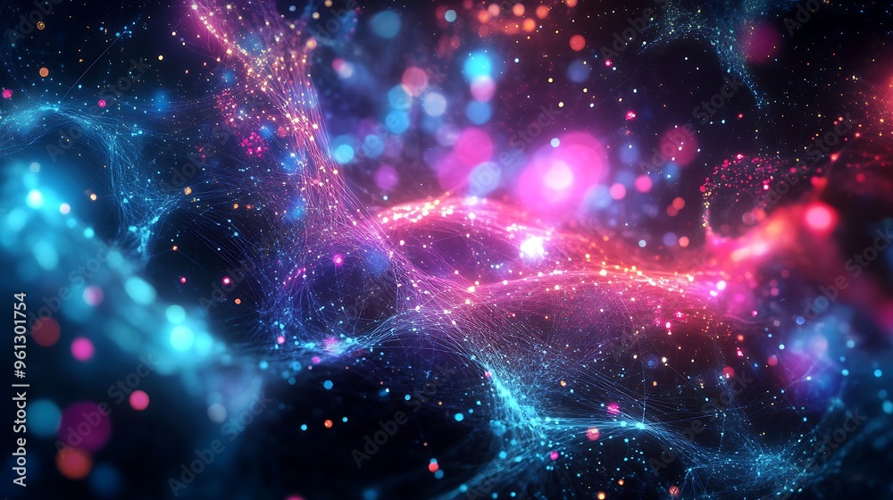 Wall mural Abstract background of swirling lights, glowing particles, and a mesh of lines in pink, blue, and orange.