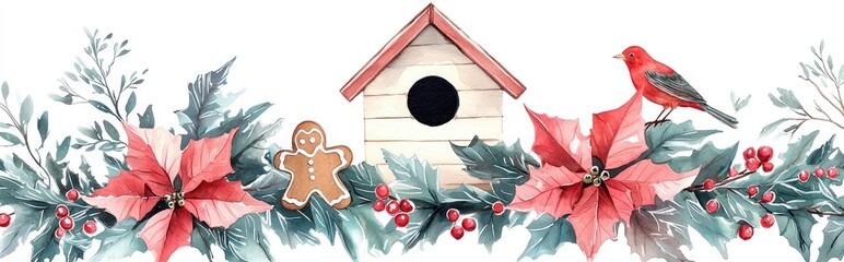 Festive Winter Scene with Poinsettia, Gingerbread, and a Charming Birdhouse