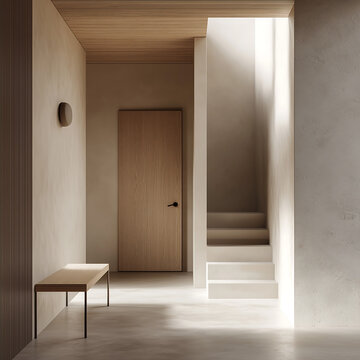 A minimalist entryway with a small bench.