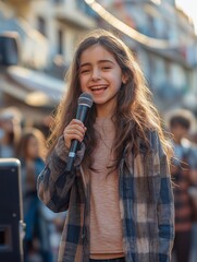 A happy younger cute girl one hand holding microphone and sing a song on city street road side.