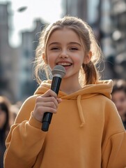 A happy younger cute girl one hand holding microphone and sing a song on city street road side.