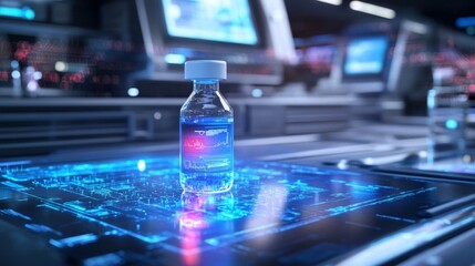 Futuristic Laboratory Antiserum, a high-tech lab with glowing antiserum vials, digital displays, holographic interfaces, showcasing cutting-edge scientific innovations and research.