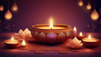 Decorative oil lamps glowing during Diwali festival art