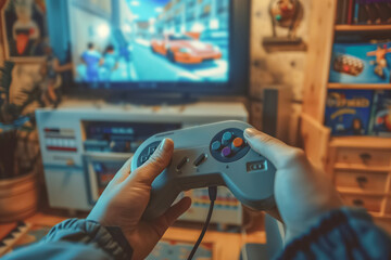 Envision someone immersed in an old video game, using a classic controller in a vintagethemed room, evoking nostalgia and cherished memories