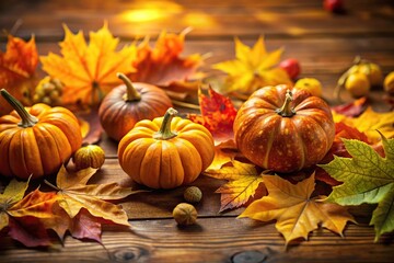 Autumn leaves and pumpkins background with festive atmosphere