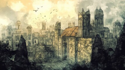 Explore a Serene Gothic Cityscape in an Ethereal Watercolor Fantasy Illustration