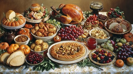 A Thanksgiving feast with all the classic dishes, beautifully arranged on the table.