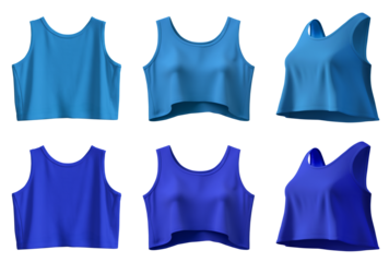 2 Set of dark light blue woman loose cropped midriff sleeveless tank singlet tee t shirt round neck, front back side view on transparent background cutout PNG. Mockup template for artwork design