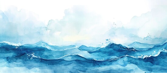Serene Watercolor Art Depicting Gentle Ocean Waves Under a Soft Sky
