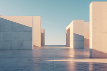 Fototapeta premium Architecture white wall art, blank bright, sunset sky, light shadows 