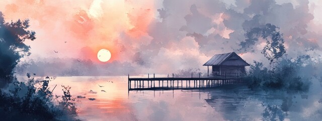 Tranquil Sunset Over Serene Waters: A Scenic Landscape of Nature's Beauty