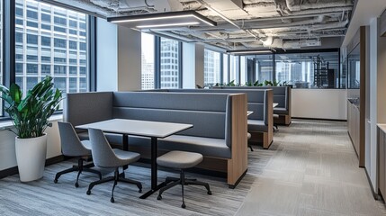 A modern office layout showcasing multiple workstations with sleek white tables and gray upholstered booth seating, designed for a contemporary and efficient work environment