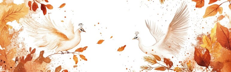 Graceful Birds Amidst Autumn Leaves: A Stunning Watercolor Illustration Capturing Nature's Beauty