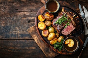 A classic roast beef dinner with Yorkshire pudding, roasted potatoes, and gravy, served on a rustic wooden table