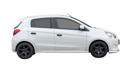 Side view of white mini or small hatchback car isolated on white background with clipping path