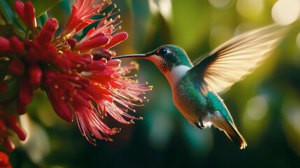 A close-up of a hummingbird feeding from a red flower, with wings blurred in motion and iridescent feathers catching light.