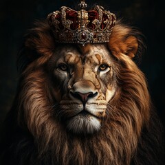 Fototapeta premium Regal Lion with Ornate Crown, a powerful symbol of strength and nobility, showcasing the king of the jungle adorned with a luxurious crown, embodying grace and authority.