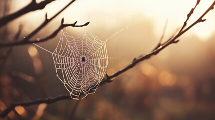 Close-up of a spider web covered in morning dew