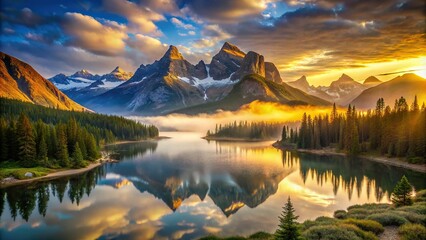 Golden sunrise illuminates towering mountain peaks, with misty valleys and serene lakes in the foreground, captured with precise sharpness and realistic colors.