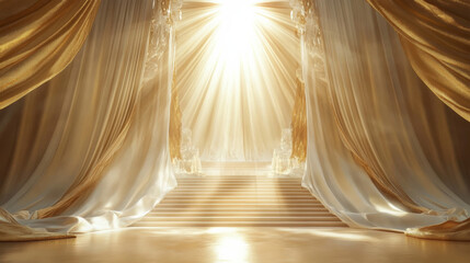 gold background with stage curtains, light shining through the curtain, stairs leading to heaven in the center, golden and white colors, soft tones, luxurious fabric texture