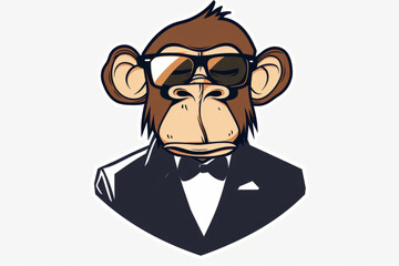 a monkey's head in sunglasses on a white background. A cute cartoon character of a cool, smart, young, wise chimpanzee dressed stylishly. A flat illustration.